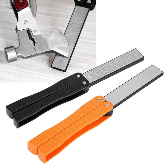 Double Sided Sharpener, Folding Pocket Knife Sharpening Stone Portable Garden Tool Sharpener for Axe Hatchet Lawn Mower Blade Garden Shears Chisels Spade Drills