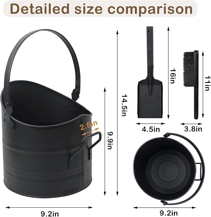 Poofzy Ash Bucket - 2.6 Gallon Metal Ash Bucket, Includes Shovel, Broom and Gloves for Wood Stove, Fireplace and Fire Pit