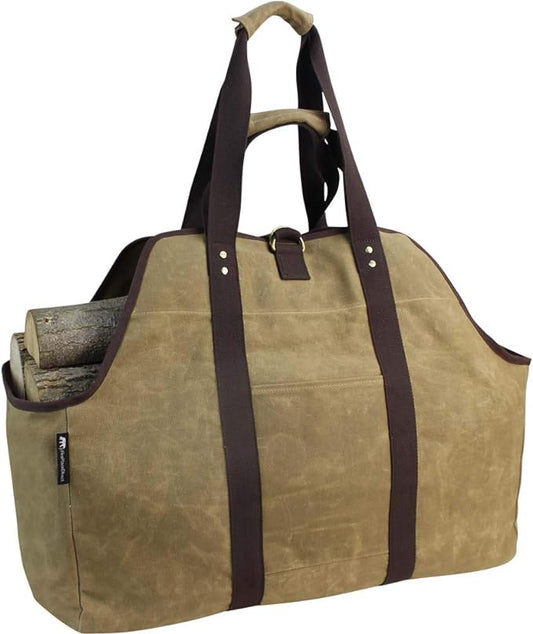 Waxed Canvas Log Carrier Tote Bag, Extra Large Durable Firewood Holder with Handles and Shoulder Strap, Heavy Duty Wood Carrying Bag for Fireplaces & Wood Stoves Khaki