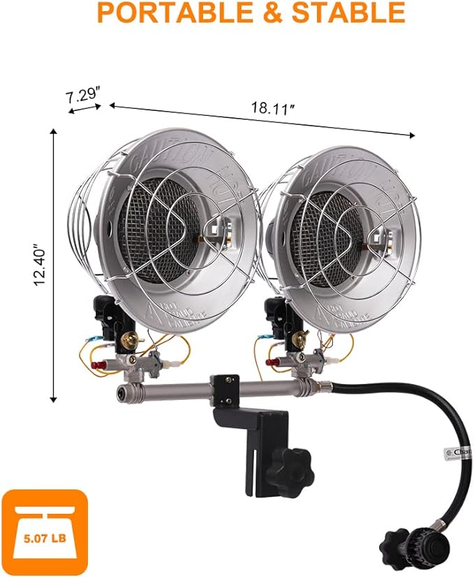 Propane Tank Top Heater, CAMPLUX Outdoor Tanktop Heater with Tip-Over Switch for Garage, Camping, Hunting, Double Burner Heavy Duty Steel 30,000 BTU