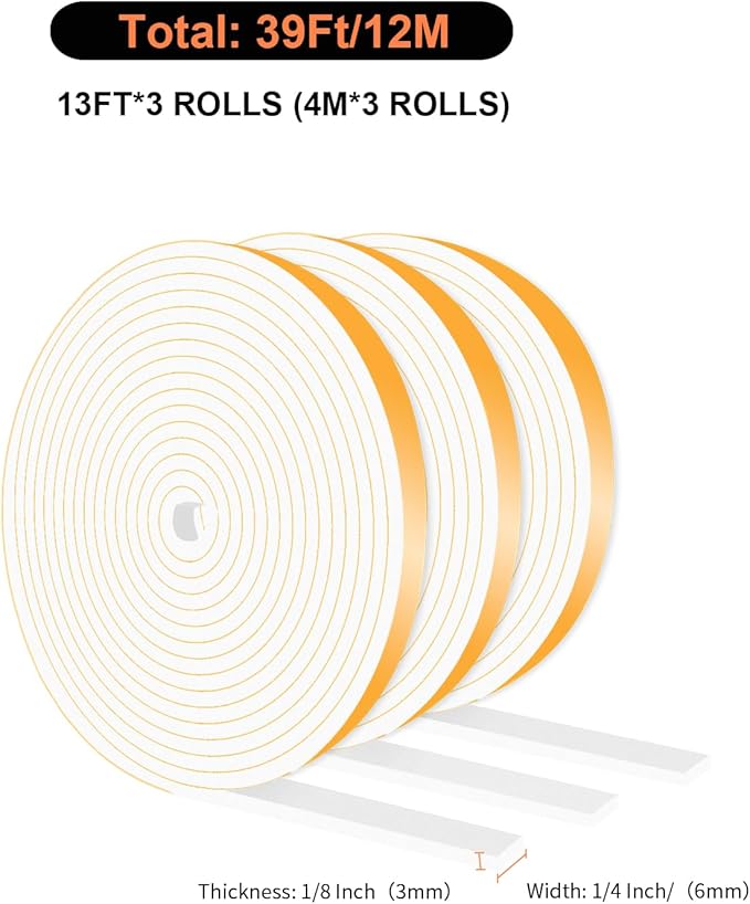 Weather Stripping Door Seal Strip,Door Jamb Weather Stripping,Insulation Tape Roll for Insulating Door Frame, Window, Air Conditioner (White,1/4 in x 1/8 in x 39Ft)