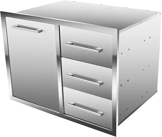 Outdoor Kitchen Drawer Combo, BBQ Access Trash Drawer Combo with Triple Stainless Steel Drawers(Right), Outdoor Kitchen for BBQ Island, Grilling Station, Outside Cabinet (28" W x 19.6“D x 20.1" H)