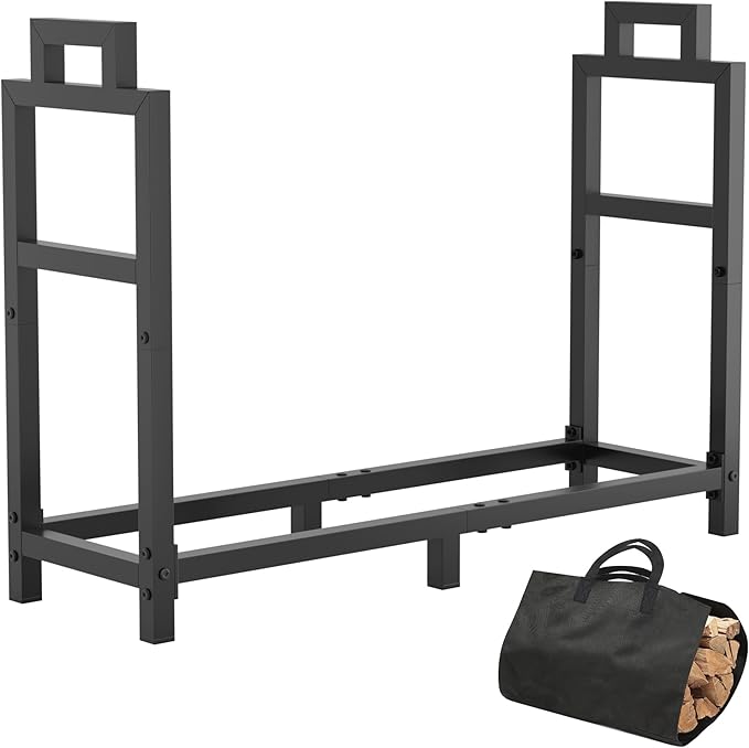34 Inch Firewood Rack Outdoor Indoor with Handle and Log Carrier Bag, Stable Metal Wood Rack Heavy Duty Log Holder for Fireplace Patio Deck, Rustproof Firewood Storage Organizer Tool, Black, Square