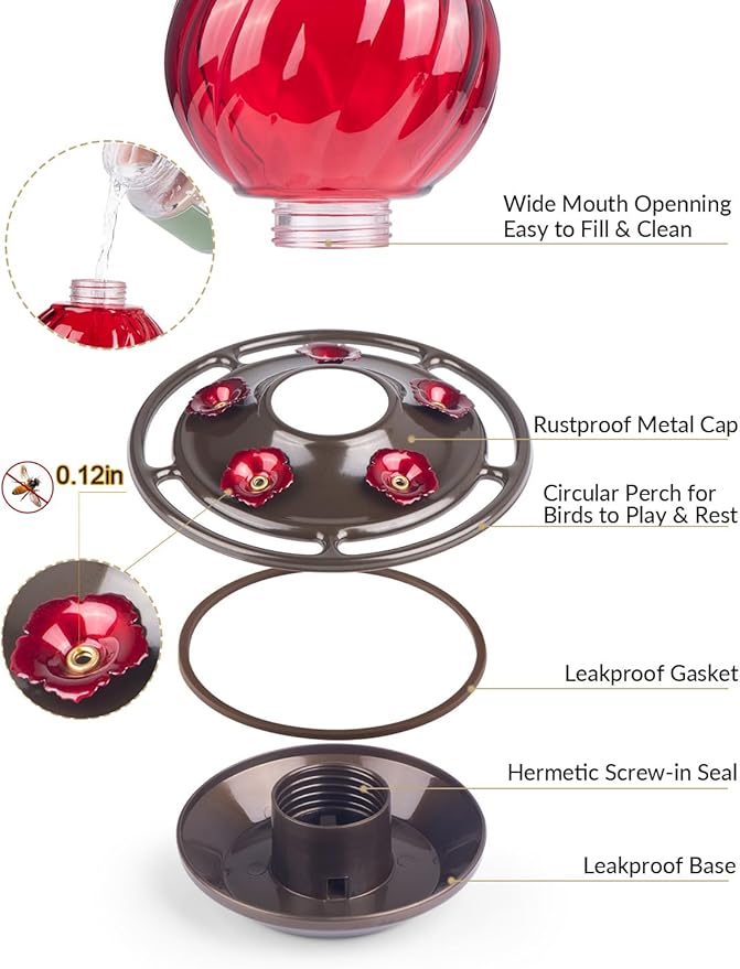 Hummingbird Feeder, Auslar 26 Ounces Glass Hummingbird Feeders for Outdoors Hanging Ant and Bee Proof, Ant Moat & 5 Flower Feeding Ports, Rustproof, Leakproof, Netted Flower Bud Shape, Red, 2 Pack