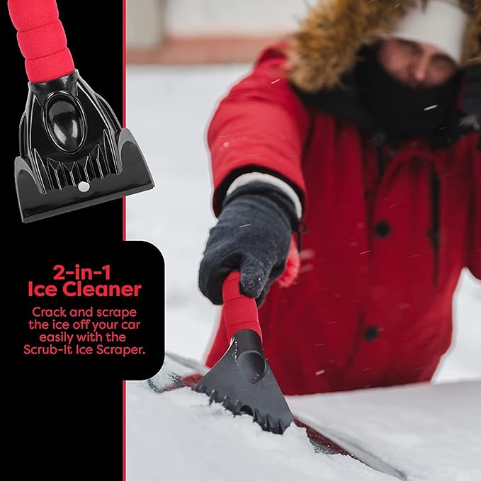 SCRUBIT Ice Scraper for Cars, Foam Gripped Snow Scraper for Car Windshield SUVs, and Small Trucks, Strong teethed Scraper for Ice and Snow, Compact Ice Crusher