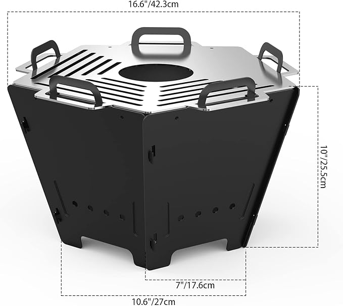 Onlyfire 2 in 1 BBQ Charcoal Grill & Fire Pit, Foldable Camp Grill with Stainless Steel Cooking Grate, Portable Outdoor Firepit for Camping Backyard Patio RV Car Trip Tailgating, Pentagon, GS357