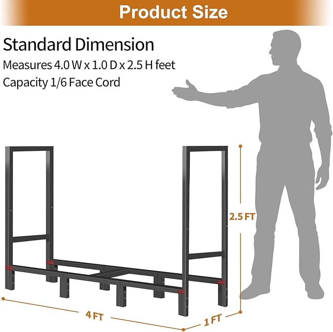4FT Firewood Rack Indoor Outdoor, Firewood Log Rack Holder with 4 Reinforced Metal Sheets for Fireplace Wood Storage, Heavy Duty Metal Pile Log Stand Stacker Holder for Patio Outdoor