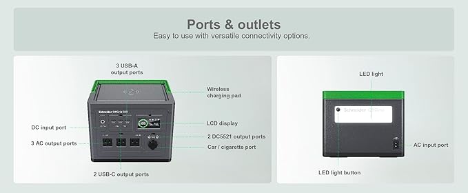Schneider OffGrid Portable Power Station 500, 517Wh Portable Solar Generator for Camping or Home, PPS500, Wireless phone charger, solar generator options
