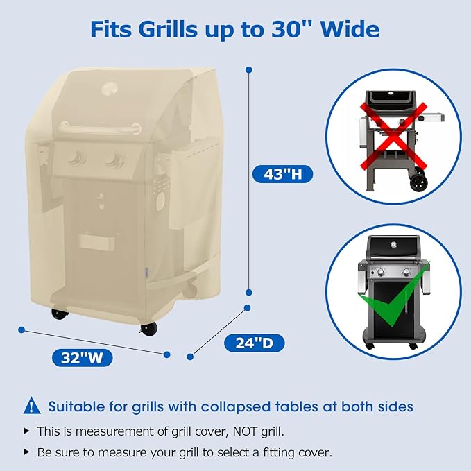 SunPatio 2 Burner Grill Cover 32 Inch, Outdoor Heavy Duty Waterproof Small Gas BBQ Cover, UV & Fade Resistant, Compatible for Weber CharBroil Nexgrill and More Grills with Collapsed Side Tables, Beige