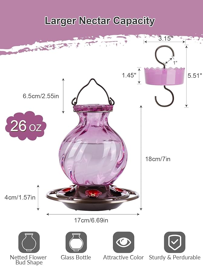 Auslar 26 Ounces Hummingbird Feeder, Purple Hummingbird Feeders for Outdoors Hanging, Ant Moat and 5 Flower Feeding Ports, Fade Proof, Rustproof, Leakproof, Netted Flower Bud Shape Bottle
