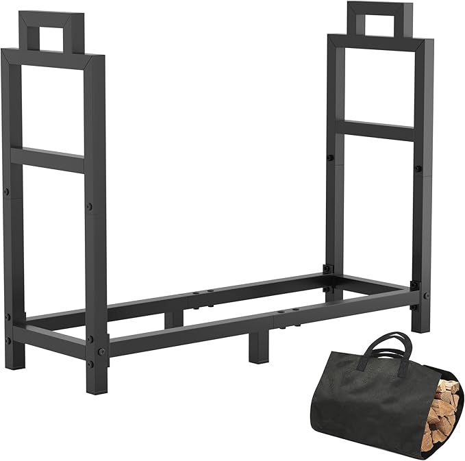 30 Inch Firewood Rack Outdoor Indoor with Handle and Log Carrier Bag, Stable Metal Wood Rack Heavy Duty Log Holder for Fireplace Patio Deck, Rustproof Firewood Storage Organizer Tool, Black, Square