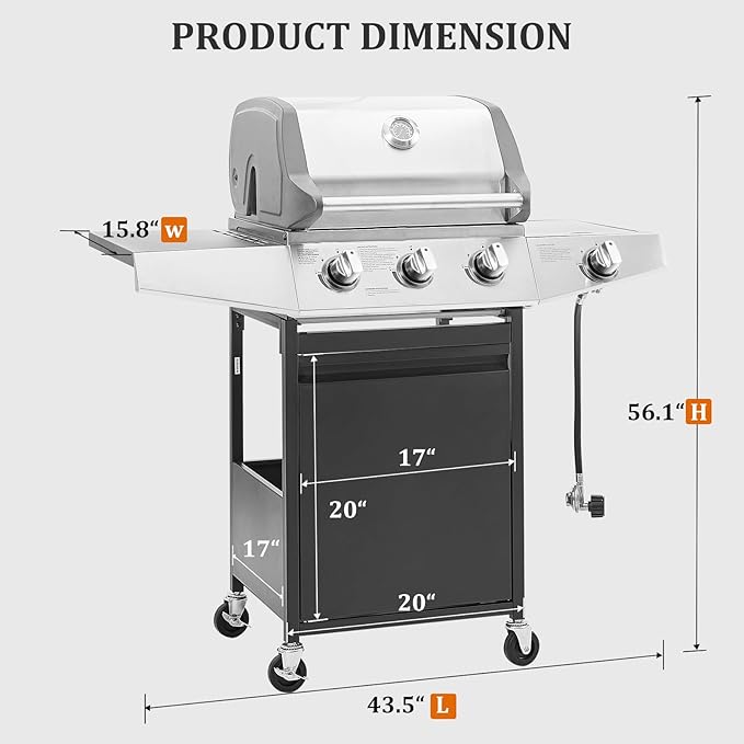 Unovivy 3-Burner Propane Gas BBQ Grill with Side Burner & Porcelain-Enameled Cast Iron Grates Built-in Thermometer, 39,000 BTU Outdoor Cooking, Patio, Garden Barbecue Grill, Black and Silver