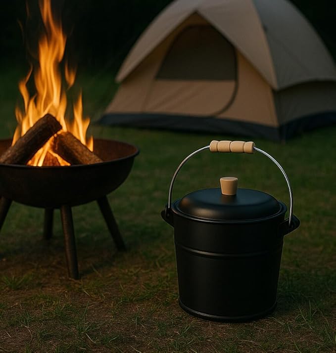 vensovo 1.5 Gallon Ash Bucket with Lid - Shovel, Broom, and Gloves, Heavy Duty Galvanized Iron, Fire-Resistant, Black Finish Perfect for Fireplaces, Fire Pits