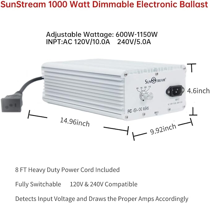 SunStream 1000 Watt HPS Light Dimmable Electronic Grow Light Ballast for Indoor Plant