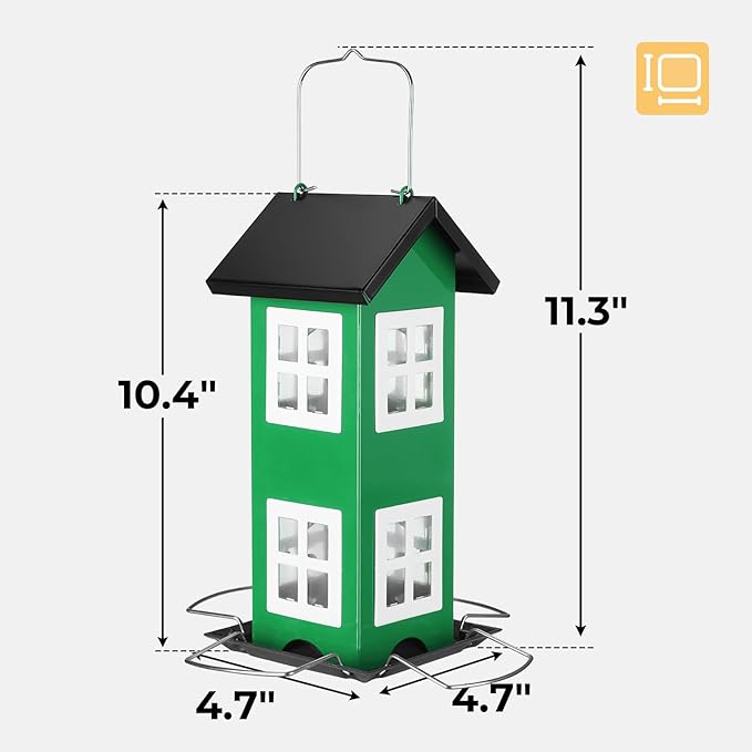 Veehoo Bird House Feeders for Outdoors Hanging-Metal Wild Bird House Feeders with 4 Ports, Country House Design, Garden Yard Decor Hanging Bird Feeder for Outside, Large Capacity, Green