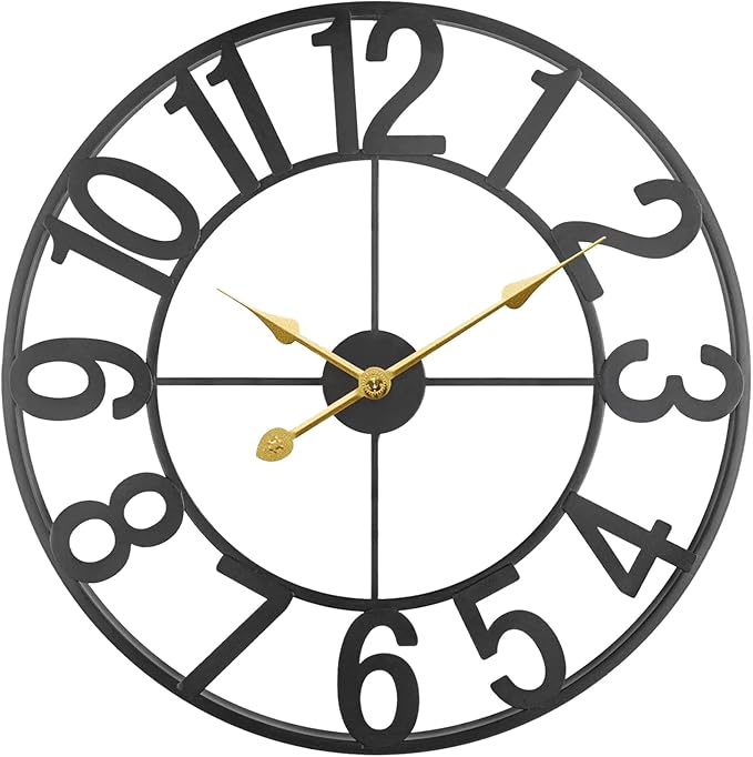 Indoor Outdoor Large Patio Decorative Wall Clock Silent Non Ticking Battery Operated, 16 Inch Modern Black Metal Wall Clock for Pool Area, Living Room, Farmhouse, Kitchen
