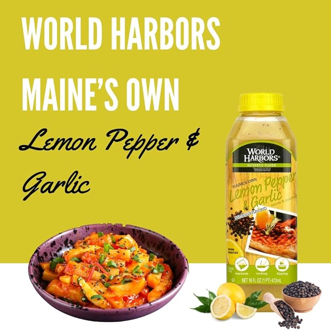World Harbors Lemon Pepper Garlic Sauce & Marinade, Made in Maine, Ideal for Chicken Wings, Seafood, Grilled Meats, Salads, Stir-Fries, Sandwiches, Salads, Garnish Dipping Sauce 16 oz (Pack of 2)