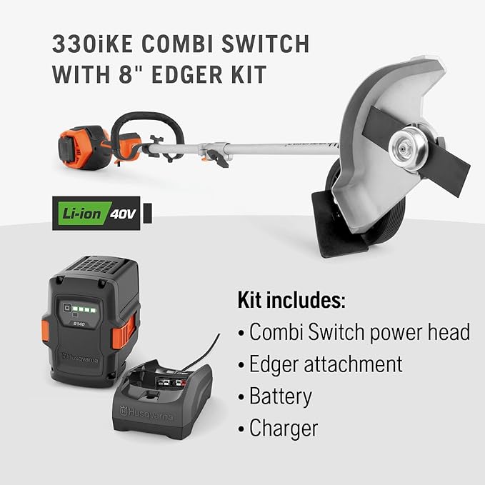 Husqvarna 330iKE Combi Switch + Lawn Edger Attachment, Electric Edger with Battery and Charger Included, 970701202