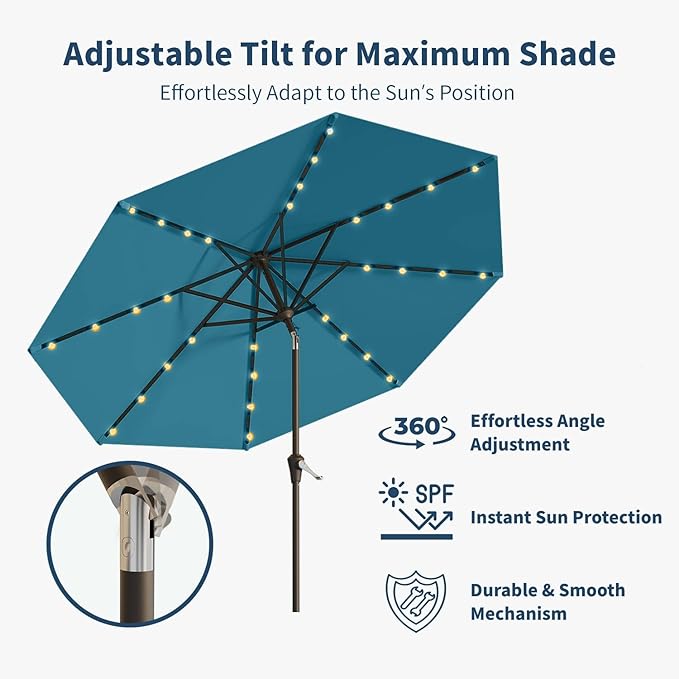 10FT Solar Umbrella 32 LED Lighted Patio Umbrella Table Market Umbrella w/Tilt and Crank, UV-Resistant Outdoor Umbrella for Pool, Garden, Deck, Lake Blue