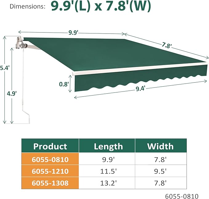 MCombo 9.9x7.8 Feet Manual Retractable Patio Door Window Awning Sunshade Shelter Outdoor Canopy, 0810 (Green, 9.9'(L) x 7.8'(W))