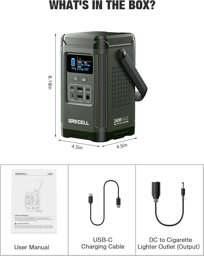 240W Portable Power Station 153.6WH Solar Generator, GRECELL LiFePO4 Battery Dual Way 100W PD Camping Power Bank with Integrated Stand for Outdoors Travel, Home Use(Wall Charger Not Included)