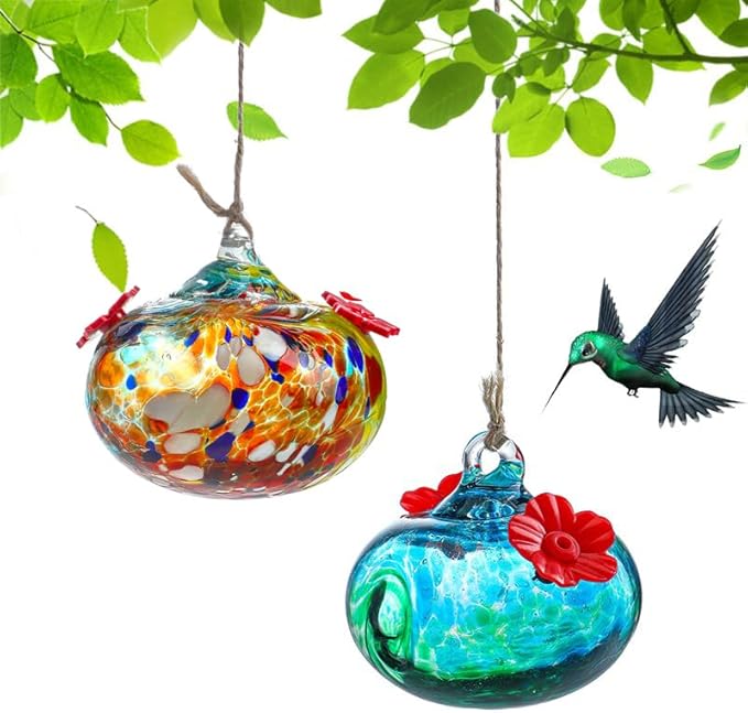 Pack 2 Blown Glass Hummingbird Feeders for Outdoors Small Glass Humming Bird Feeder for Window Hanging Ant and Bee Proof Humming Birds Feeders Decor for Garden Outside