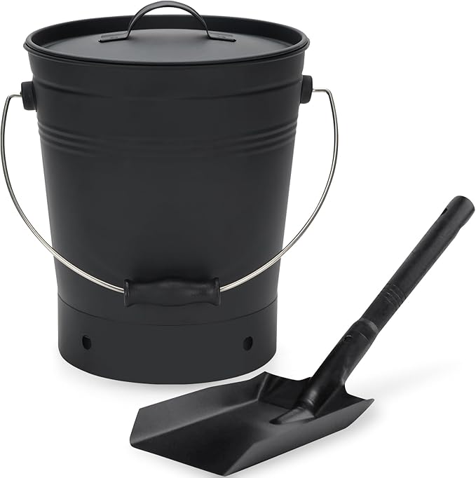INNO STAGE Ash Bucket with Lid and Wood Handle Coal Shovel, Ash Carrier Pail Fireplace Tools,Fire Pit,Wood Burning Stove Black
