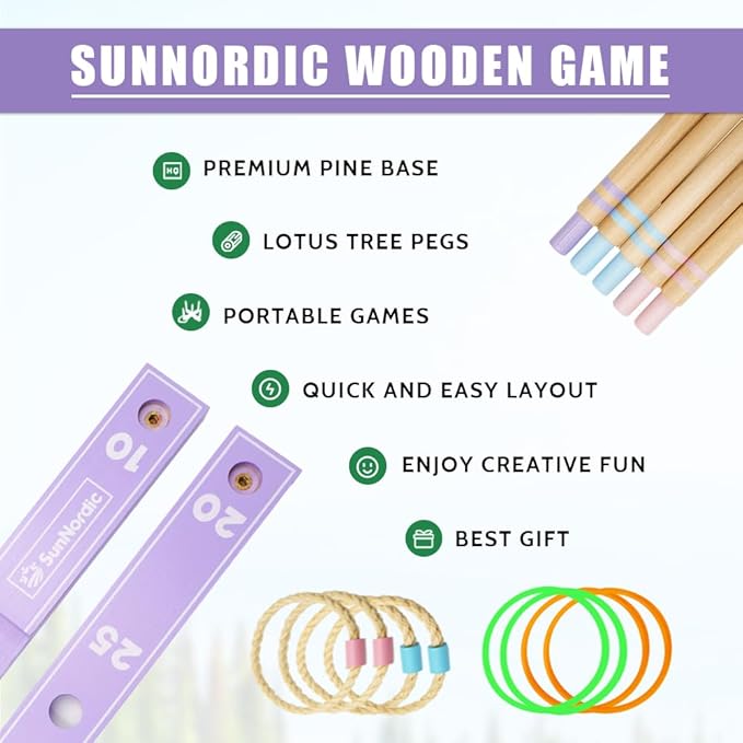 Wooden Ring Toss Game Set, Backyard Beach Camping Game with Toss Rings & Portable Carrying Bag, Outdoor Lawn & Yard Games for Kids, Adults & Family