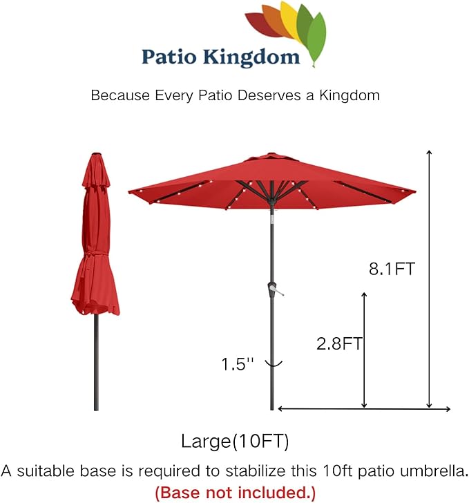 10FT Solar Umbrella 32 LED Lighted Patio Umbrella Table Market Umbrella w/Tilt and Crank, UV-Resistant Outdoor Umbrella for Pool, Garden, Deck, Red