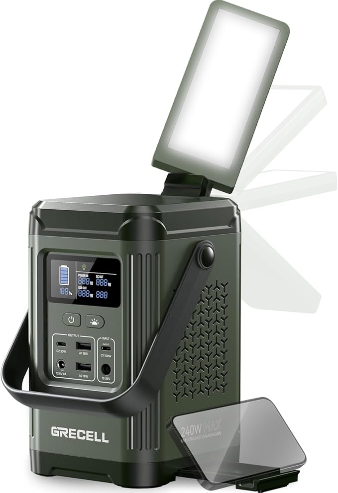 240W Portable Power Station 153.6WH Solar Generator, GRECELL LiFePO4 Battery Dual Way 100W PD Camping Power Bank with Integrated Stand for Outdoors Travel, Home Use(Wall Charger Not Included)