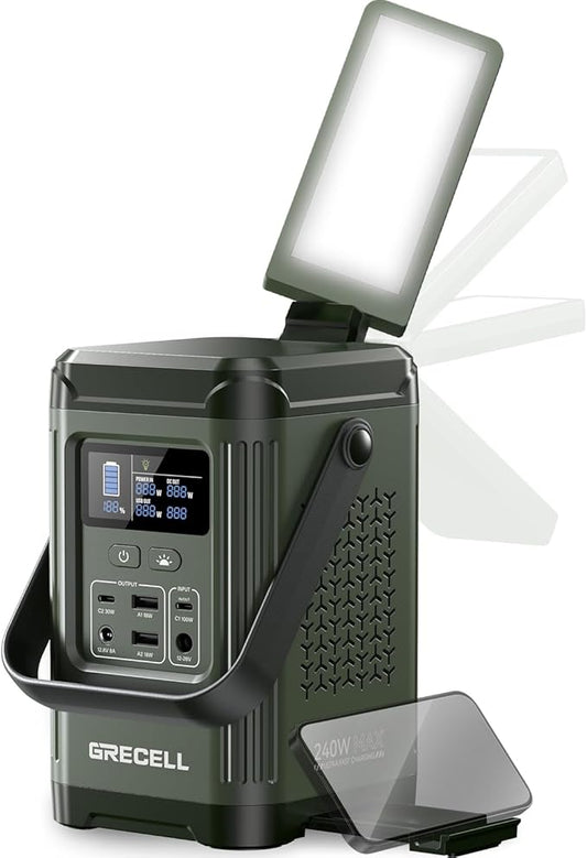 240W Portable Power Station 153.6WH Solar Generator, GRECELL LiFePO4 Battery Dual Way 100W PD Camping Power Bank with Integrated Stand for Outdoors Travel, Home Use(Wall Charger Not Included)