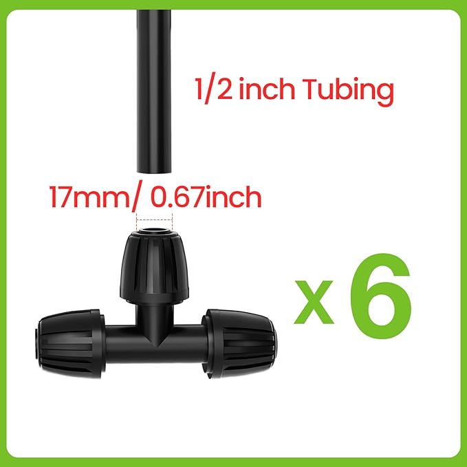 Bonviee 6 Pack 1/2 Inch Drip Irrigation Tee Connectors, Barbed Lock Fittings for 1/2β Tubing, Leak-Proof 3-Way Coupler for Garden Hose, Drip System Repair & Extension