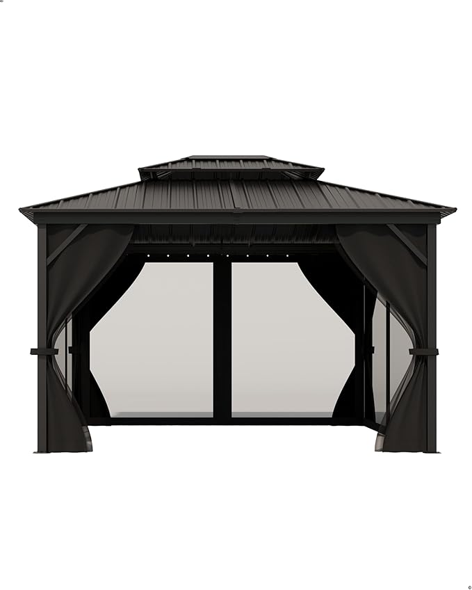 10x14 Ft Hardtop Gazebos with Heavy Duty Double Roof, Nettings and Curtains Galvanized Steel Outdoor Gazebos for Patio, Backyard, Deck, Lawn (Grey)
