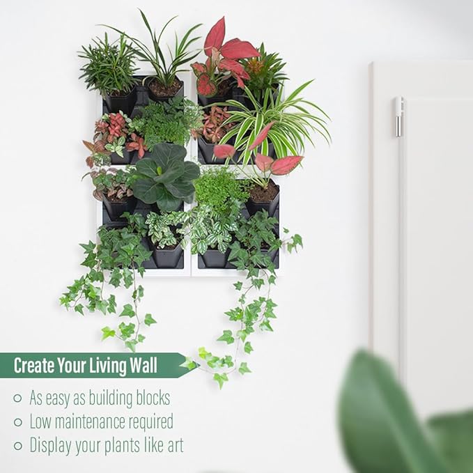 Self Watering Wall Planter with 4 Pots - Easy to Create Indoor Living Wall for Home, Office and Shop Front - Includes Water Gauge (White)