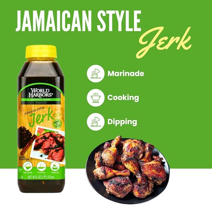 World Harbors Jamaican Jerk Sauce Sweet & Spicy Marinade for Jamaican Jerky Seasoning Chicken, Sirloin, Shrimp Jerk Seasoning Jamaican Style - Flavors for Dipping, Glazing 16 oz (Pack of 2)