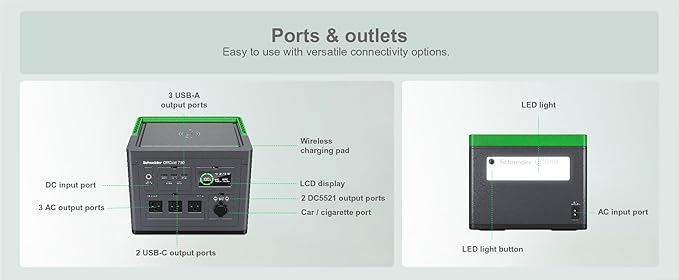 Schneider OffGrid Portable Power Station 738W / 728Wh Portable Solar Generator for Camping or Home, PPS730, Wireless phone charger, solar generator options