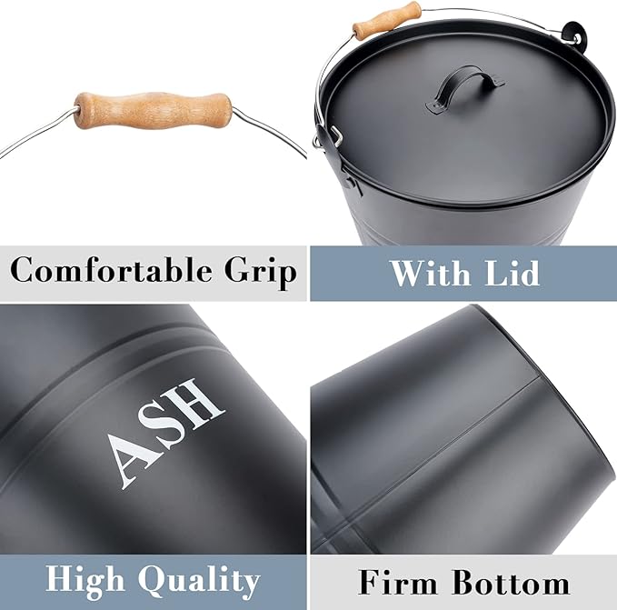 Ash Bucket with Lid, Shovel, and Broom - 3.5-Gallon Metal Ash Can for Fireplaces, Wood Stoves, and Fire Pits