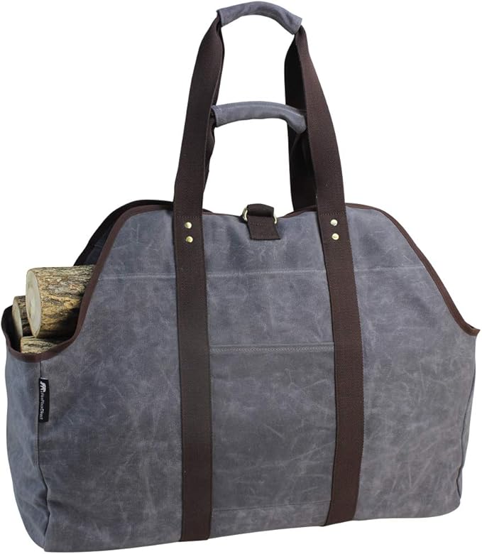 Waxed Canvas Log Carrier Tote Bag, Extra Large Durable Firewood Holder with Handles and Shoulder Strap, Heavy Duty Wood Carrying Bag for Fireplaces Grey