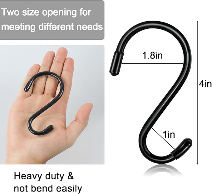 12 Pack 4 Inch S Hooks for Hanging Plants,Heavy Duty S Hook Vinyl Coated Non Slip Clothes Black S Hooks Pot Rack Closet Hooks for Hanging Plants, Clothes, Kitchen Utensil, Pots, Pans, Bags