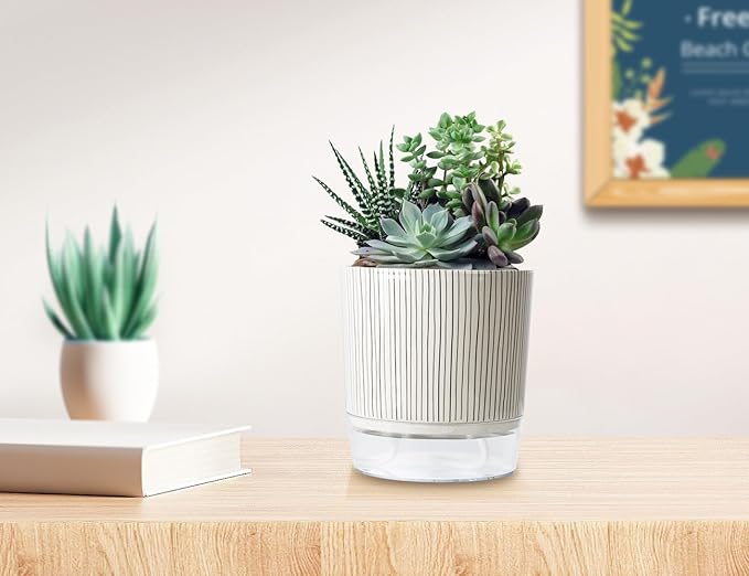 Self Watering Pots for Indoor Plants, 5 & 4 Inch Stylish Flower Pots, Set of 4 Modern Planters with Self Watering Plant Feature (Black Stripes)