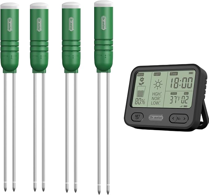 4-in-1 Soil Moisture Meter, 300ft Wireless Soil Tester Sensor, Temperature/Light/Time/Soil Hygrometer Monitor with Digital LCD Display for Houseplants Garden Farm Lawn 4Pcs