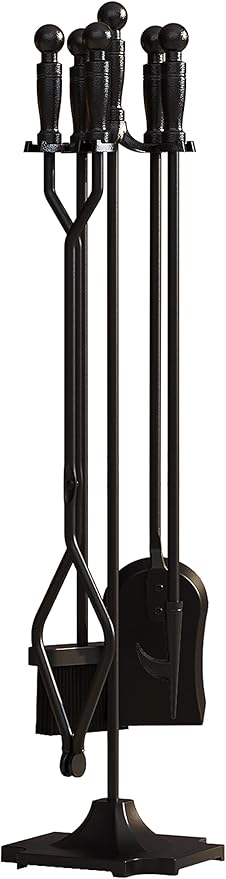 Fire Beauty Fireplace Tools Set 5 Pieces Wrought Iron Fireset Woodstove Log Tongs Holder Fire Kit Setwith Pedestal Place(32 Inches)