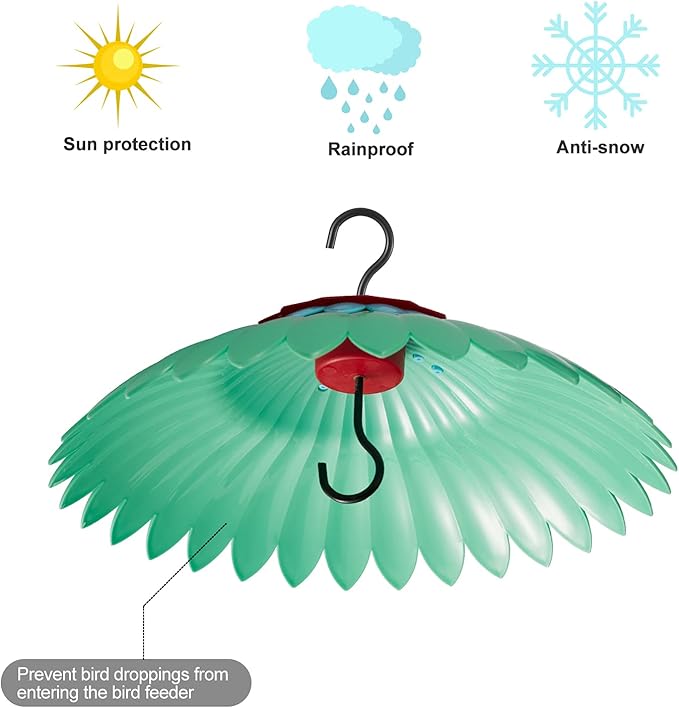 Squirrel Baffle for Hanging Bird Feeder Rain Cover for Outside Weather Guard Protect Feed from Sun Red Dome Attract Hummingbirds, Moat Proof, Easy to Clean-14inch Green