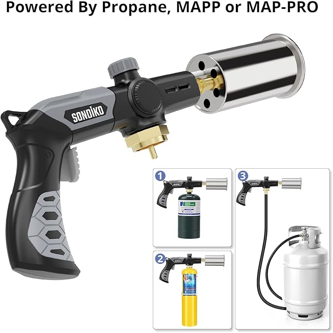 Sondiko Powerful Grill & Cooking Propane Torch L8010, Sous Vide, Campfire Starter, Adjustable Wood Torch Burner for Searing Steak, BBQ, Welding(Black, Grey) Propane Tank Not Included