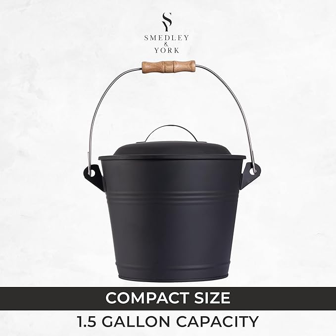 Smedley & York Mini Ash Bucket with Lid, Includes Fireplace Tools, Pail, Shovel and Broom, 1.5 Gallon Charcoal Metal Bucket with Lid, Coal Bucket and Ash Can, Galvanized Iron Ash Bucket for Fireplace
