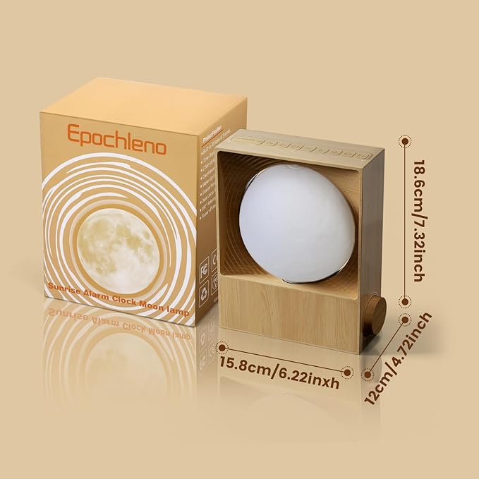 Sunrise Alarm Clock, 360-Degree Rotating Moonlight & 10 White Noise Sounds, Dual Alarm & Snooze for Heavy Sleeper, Timer, Wooden Bedroom Light Gift - Wood