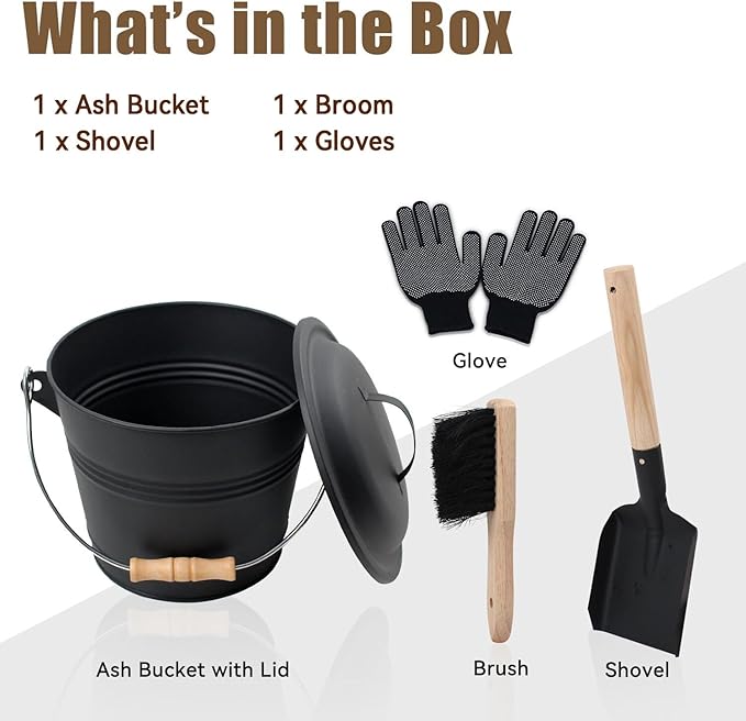 BRIAN & DANY Mini Ash Bucket with Lid and Shovel, 1.3 Gallon Fireplace Bucket with Broom, Ash Can for Fireplace, Ashes, Fire Pit, Wood Burning Stove