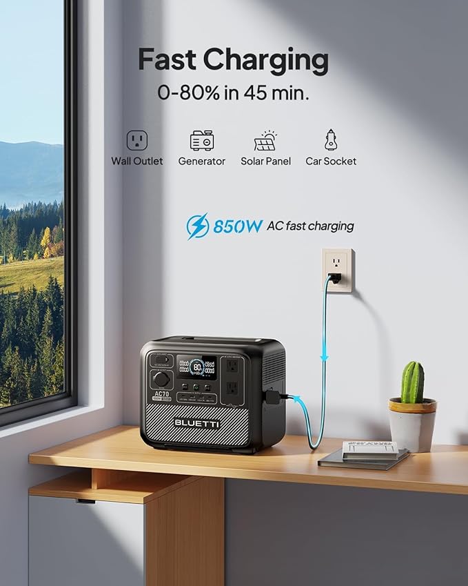 BLUETTI Solar Generator AC70 with Charger 1, 768Wh LiFePO4 Backup, 560W Alternator, DC-DC Charger for Power Station, 2H Full Charge via Car, Perfect for Road Trips, Off-grid Use