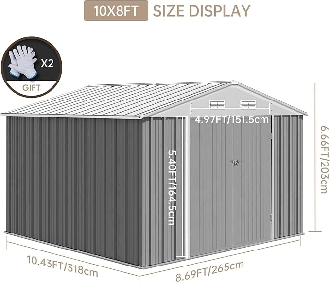 Garvee 10 x 12 FT Outdoor Storage Shed, Heavy-Duty Waterproof Tool Shed Storage with Lockable Door, Vents and Updated Frame Structure, Large Metal Tool Shed for Backyard, Patio Lawn, Grey
