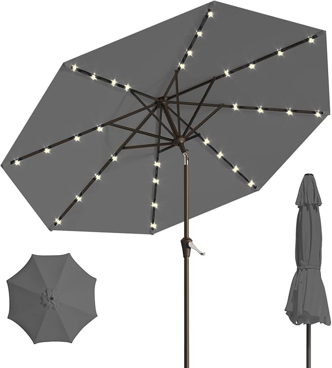 10FT Solar Umbrella 32 LED Lighted Patio Umbrella Table Market Umbrella w/Tilt and Crank, UV-Resistant Outdoor Umbrella for Pool, Garden, Deck, Gray